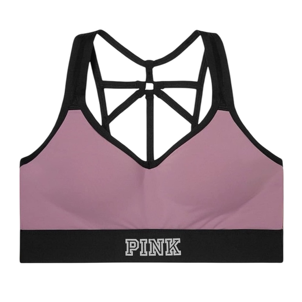VS Pink | ‘The Ultimate’ Wireless Push-Up Racerback Sports Bra | Mauve/Black, M